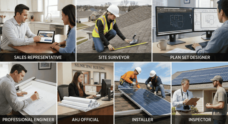 Solar project team roles from consultation to completion including sales representative, site surveyor, CAD plan designer, PE engineer, municipal AHJ official, solar installer, and building inspector