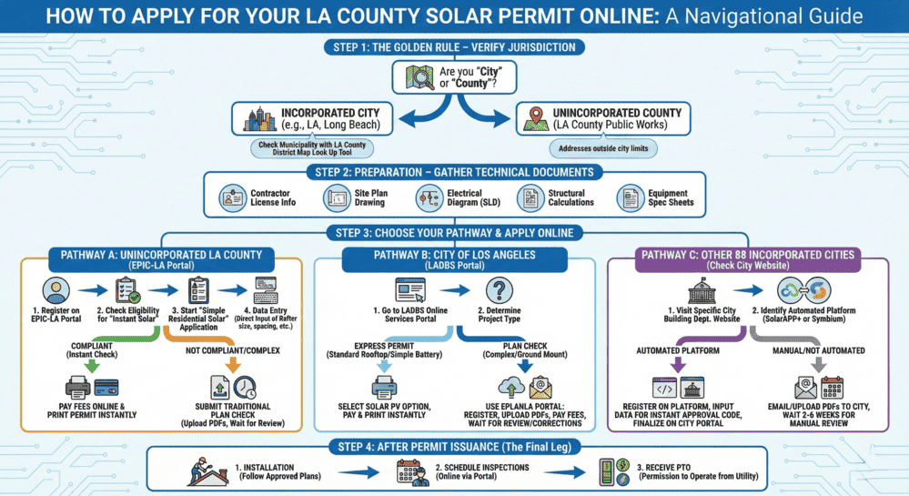 How to apply for LA County solar permit online: navigational guide showing jurisdiction verification, document preparation, application pathways for unincorporated county (EPIC-LA), City of LA (LADBS), and other incorporated cities, plus inspection and PTO process