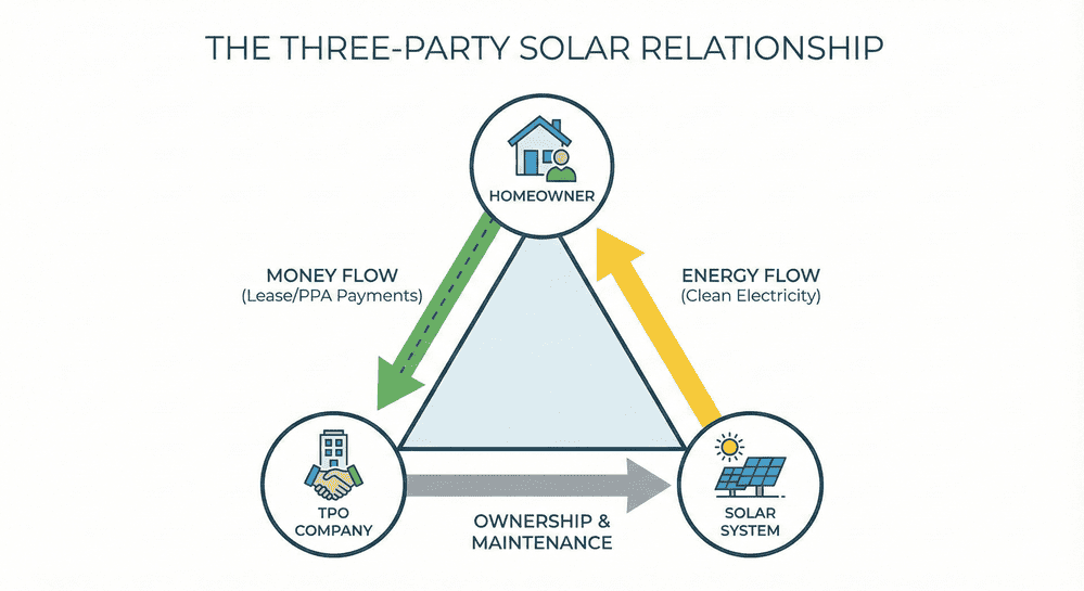 Diagram explaining third-party ownership solar relationship between homeowner, TPO company, and solar system