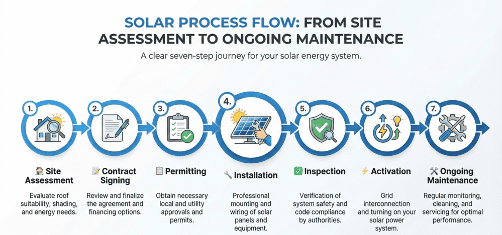 Complete solar installation workflow from initial site assessment to ongoing system maintenance