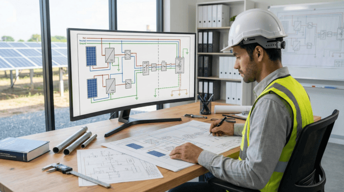 man working on solar three line diagram