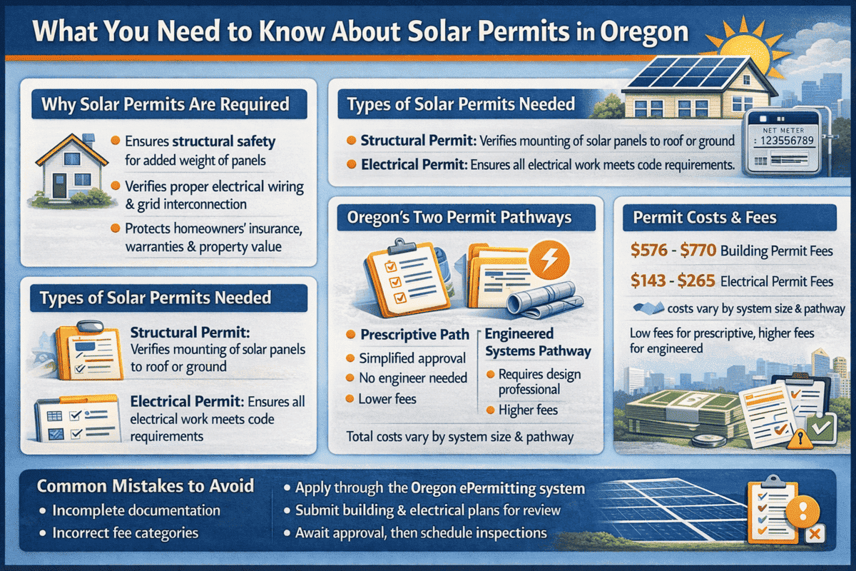 Comprehensive infographic explaining Oregon solar panel permit requirements, including structural and electrical permit types, prescriptive vs engineered pathway options, permit costs ranging from $143-$770, and common mistakes to avoid when applying for r