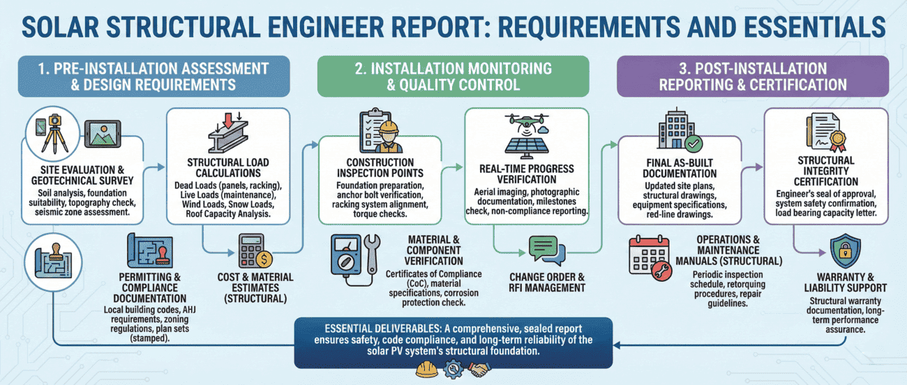 Solar structural engineer report workflow showing pre-installation assessment, installation monitoring, and post-installation certification requirements
