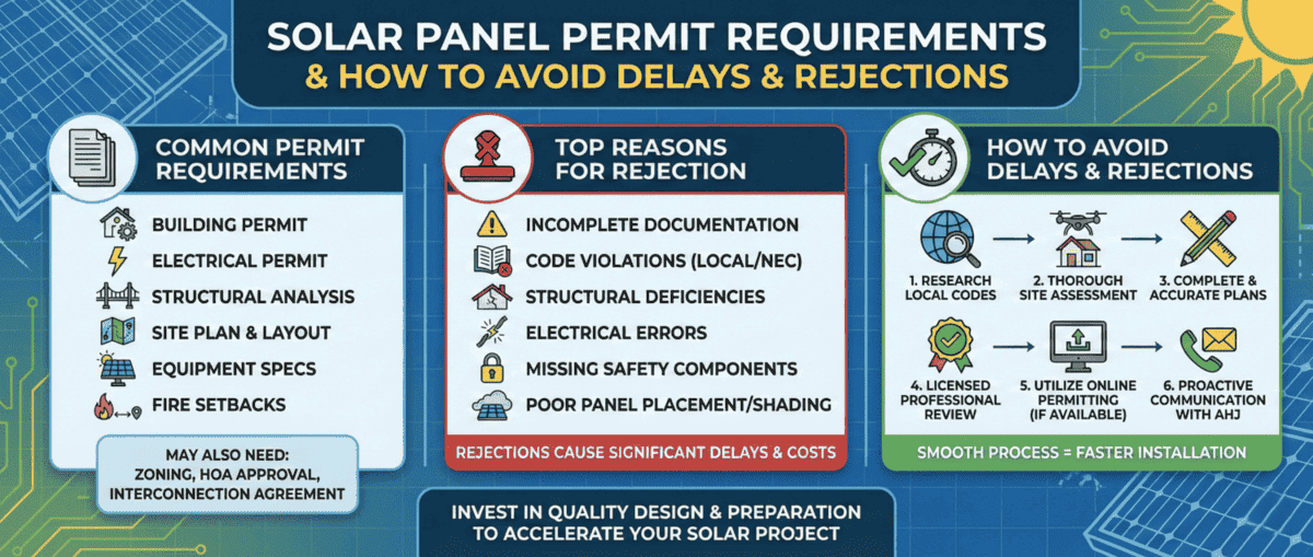 Solar panel permit requirements infographic showing common permits needed, rejection reasons, and tips to avoid delays