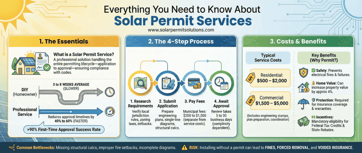Infographic guide to solar permit services showing the 4-step process, typical costs, and key benefits for residential and commercial installations