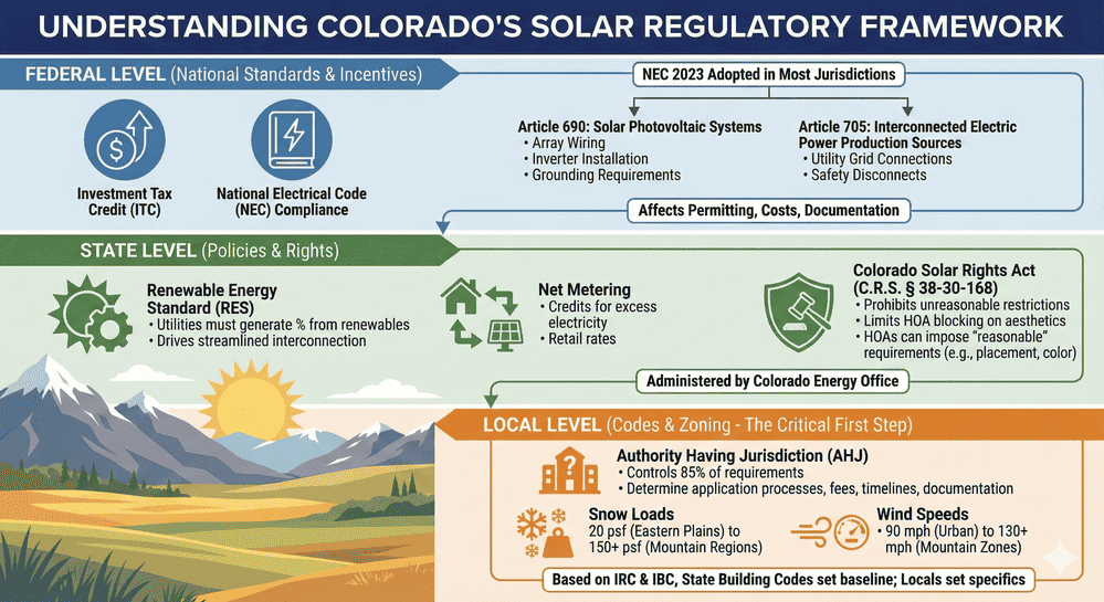 Colorado solar regulatory framework diagram showing federal, state, and local requirements