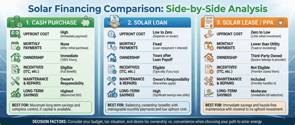 Solar financing comparison chart showing cash purchase, solar loan, and lease/PPA options side-by-side