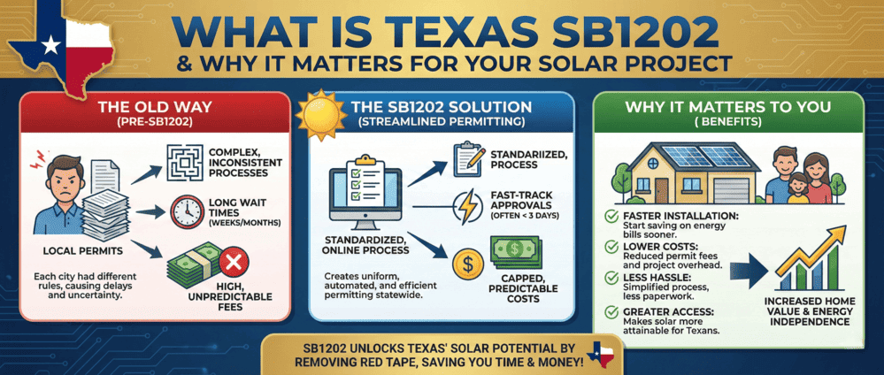 Texas SB1202 solar law comparison showing old permitting process vs new streamlined benefits for homeowners
