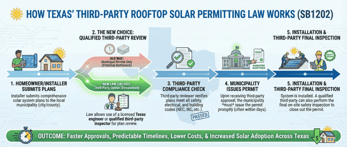 Texas SB1202 third-party solar permitting process workflow diagram showing five steps from application to installation