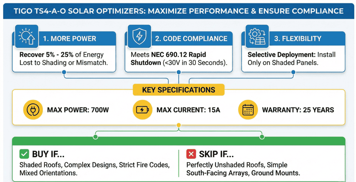 Tigo TS4-A-O solar optimizer features showing power recovery, NEC 690.12 compliance, and 700W specifications with installation guidelines
