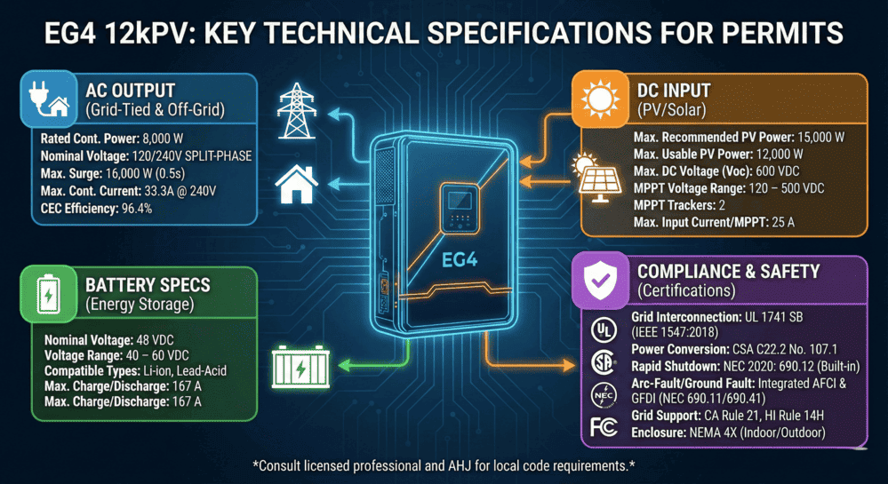 EG4 12kPV solar inverter technical specifications including AC output, DC input, battery storage, and safety certifications