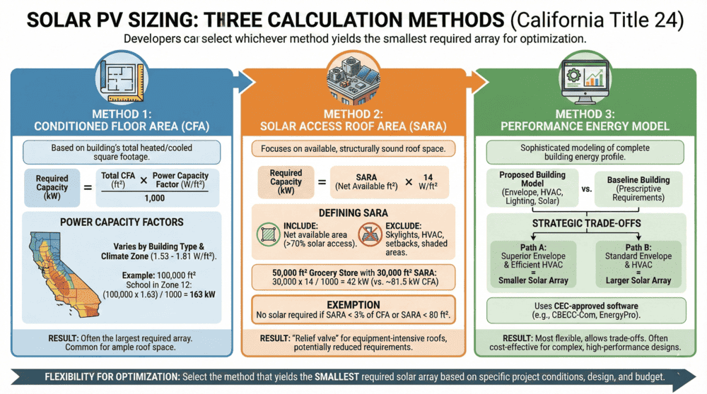 California Title 24 solar PV sizing methods comparison chart showing CFA, SARA, and performance energy model approaches
