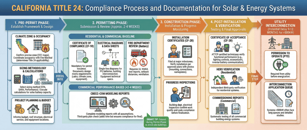 California Title 24 solar compliance process flowchart from pre-permit phase through utility interconnection