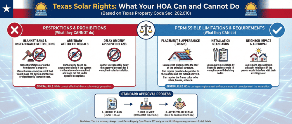 Texas solar rights infographic showing what HOAs can and cannot do under Property Code Section 202.010, including prohibited restrictions and permissible requirements for solar installations