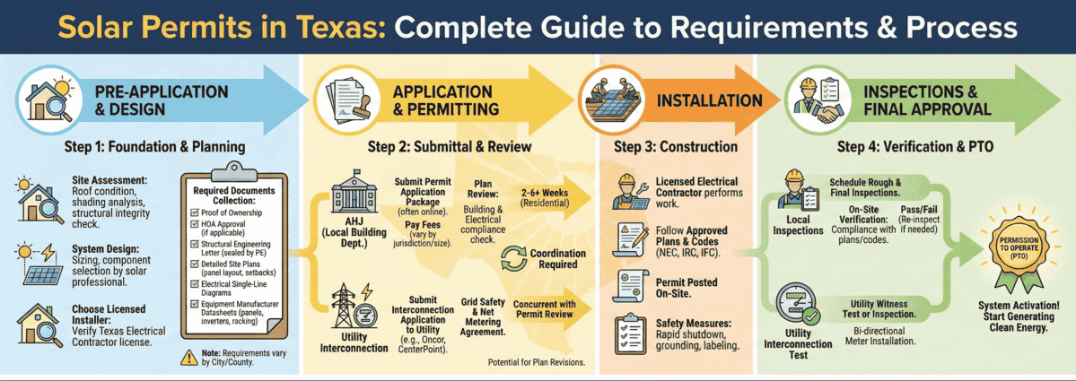 Texas solar permit application process showing requirements, costs by city, timeline, and required documentation for residential and commercial installations