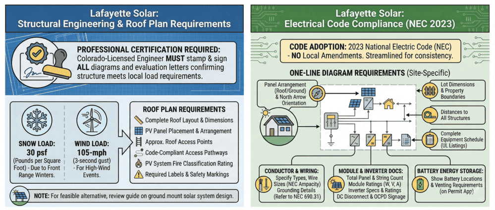 Lafayette CO solar-friendly community infographic highlighting sustainability commitment, municipal solar projects, community incentives, and education programs
