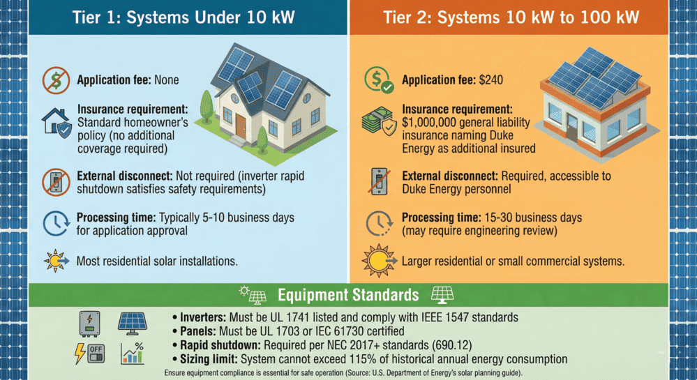 Duke Energy solar system tier requirements comparing systems under 10kW and 10-100kW