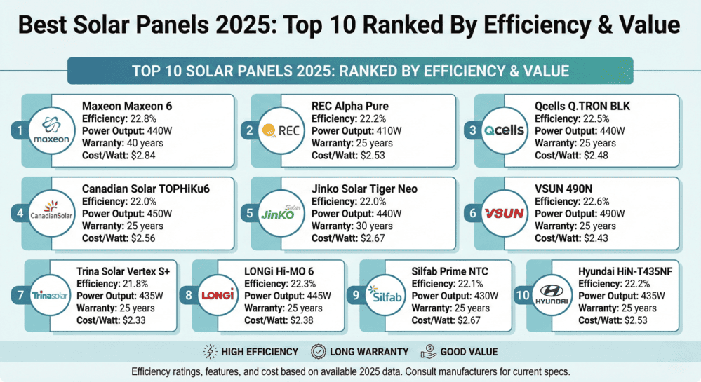 Top 10 solar panels 2025 ranked by efficiency and value, featuring Maxeon, REC, Qcells, Canadian Solar, and other leading manufacturers