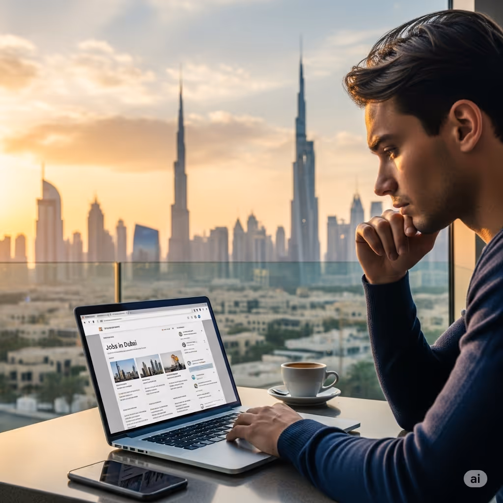 Focused man browsing Dubai job listings on laptop with coffee and sunset city view in the background.