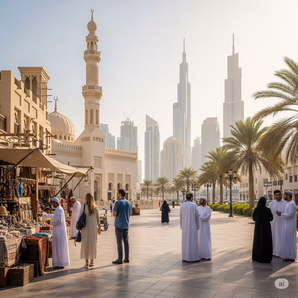 People at a traditional Dubai market near mosque with modern skyline in the background.