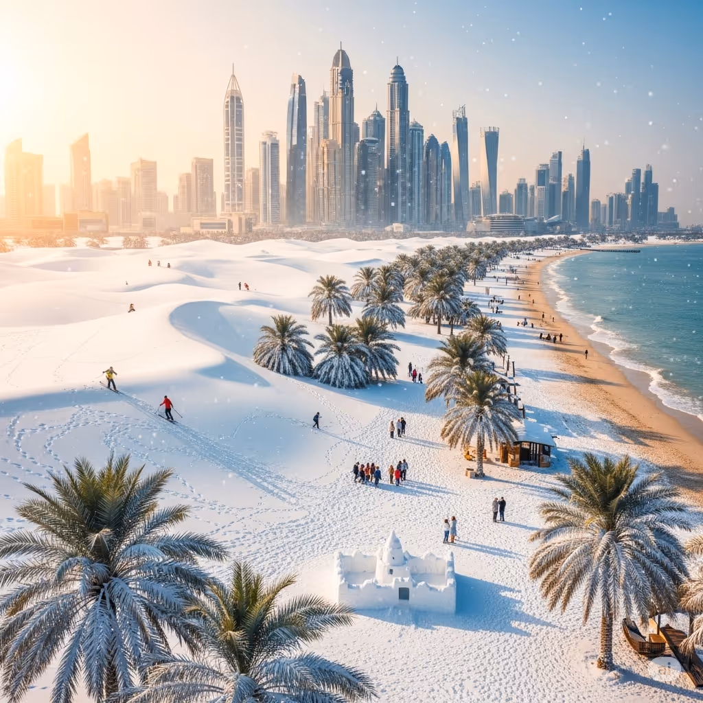 People walking and skiing on white sand dunes near Dubai beach with skyline in background.