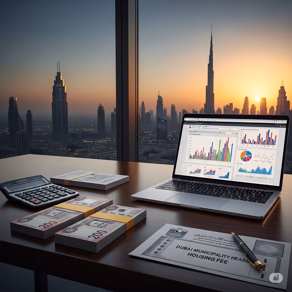 Laptop with financial graphs, dirhams, and Dubai housing fee paper against city skyline at sunset.