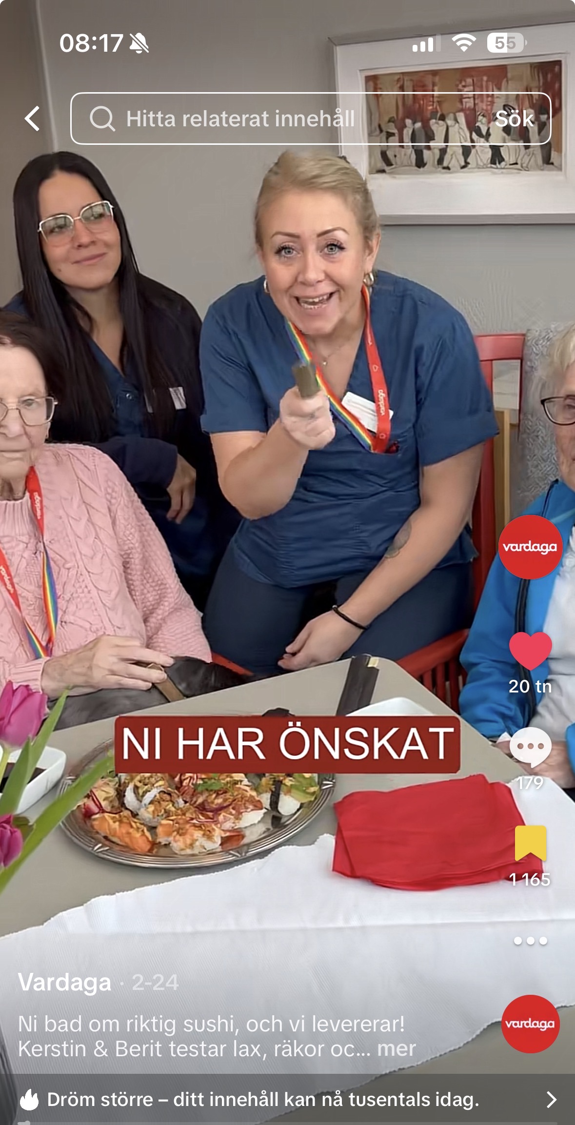Vardaga TikTok-video: personal och boende firar sushi-önskning – HelloLilly always-on employer branding inom vård