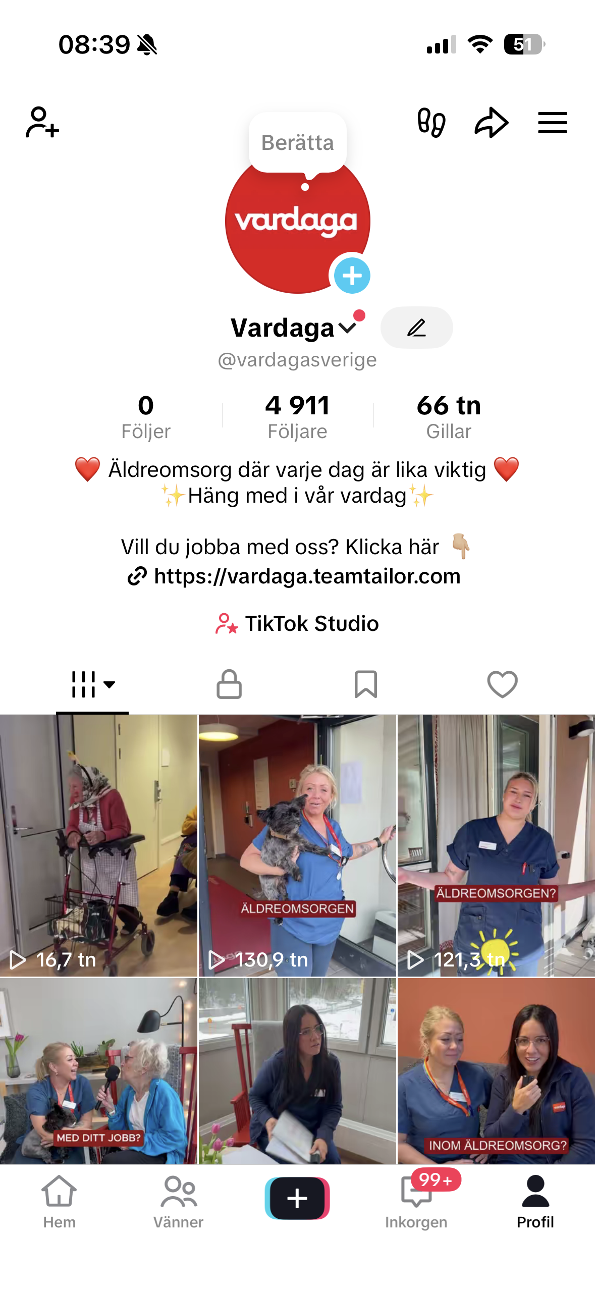 Vardagas TikTok-kanal analytics – 6,3 miljoner visningar och 4 911 följare, byggt av HelloLilly Reach