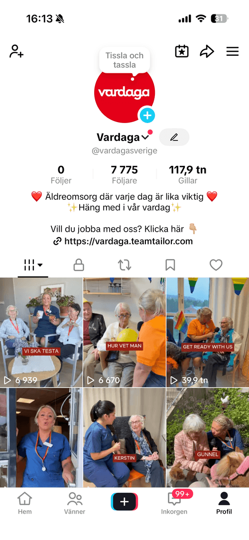 Vardagas TikTok-kanal med 7 775 följare – always-on employer branding inom äldreomsorg byggd av HelloLilly Reach