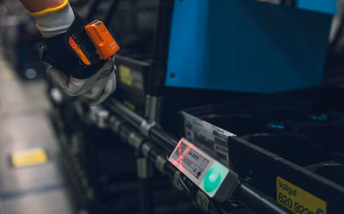 Kommissionierung per Handscanner von Proglove und digitalen Etiketten mit Pick-by-Light und ePaper Technologie von ekko.