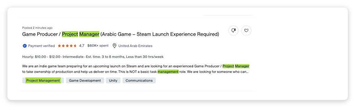 Upwork project manager job listing at $10-$12 per hour showing real client budget for an Upwork agency PM role