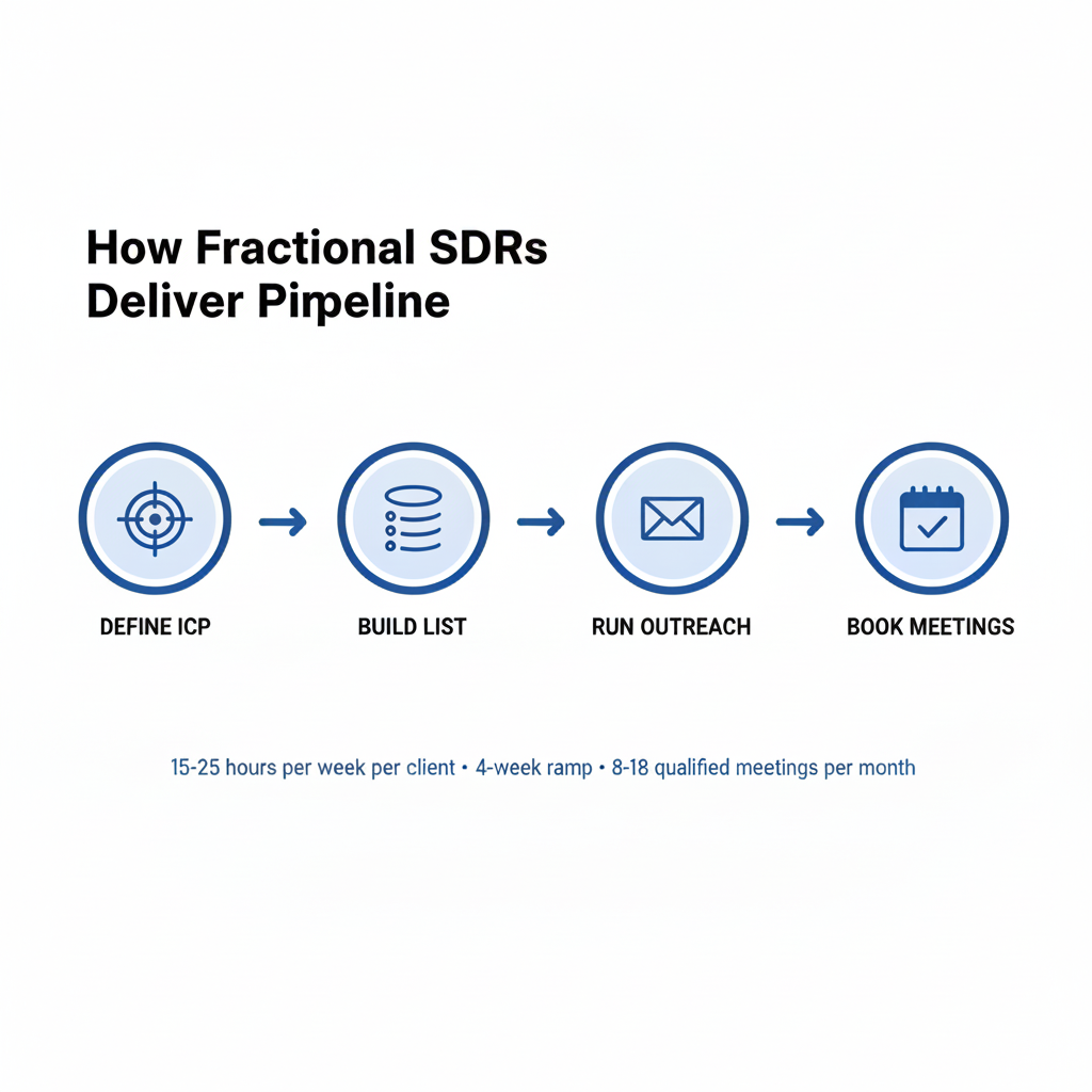 Four-stage fractional SDR delivery flow showing Define ICP, Build List, Run Outreach, and Book Meetings stages with notes on 15-25 hours per week per client, 4-week ramp, and 8-18 qualified meetings per month