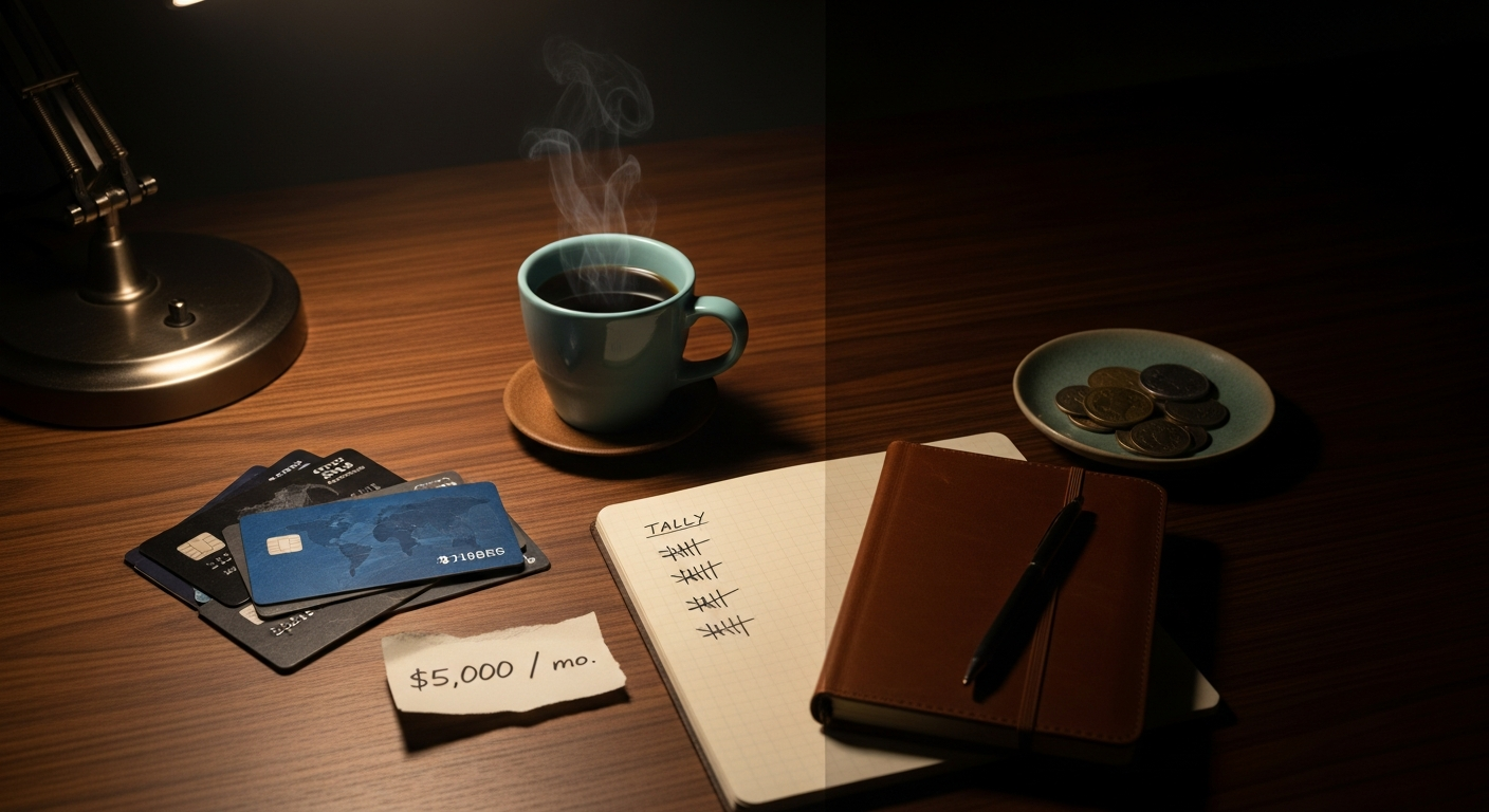 A dark desk lit by a single lamp. On the left, three matte credit cards under a torn paper note reading '$5,000/mo'. On the right, a leather notebook with handwritten tally marks and a small dish of brass coins, suggesting deliberate $500 organic spend.