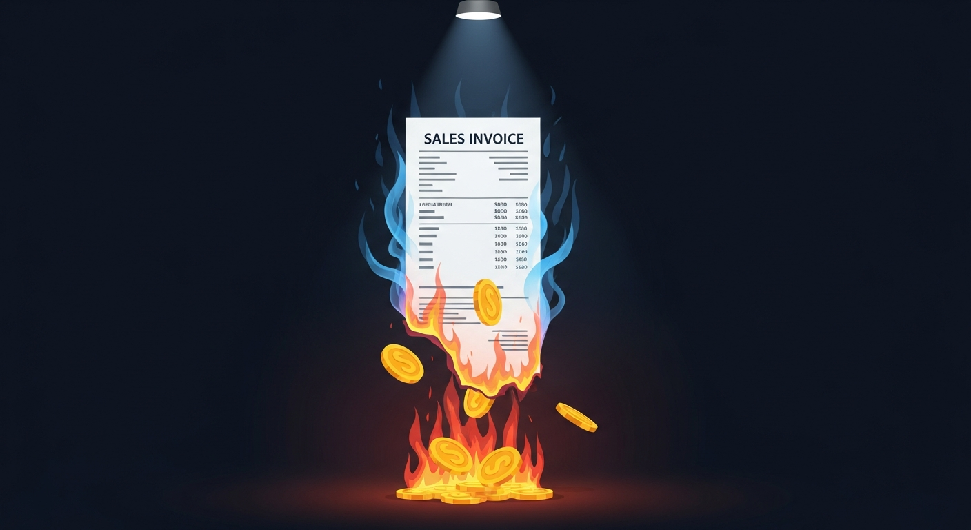 A burning outsourced-sales invoice with gold coins falling out of it into a dark abyss, illustrating the cost-per-meeting curve in year one of an outsourced SDR engagement