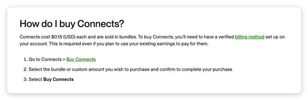 Upwork official support page stating Connects cost $0.15 USD each and are sold in bundles