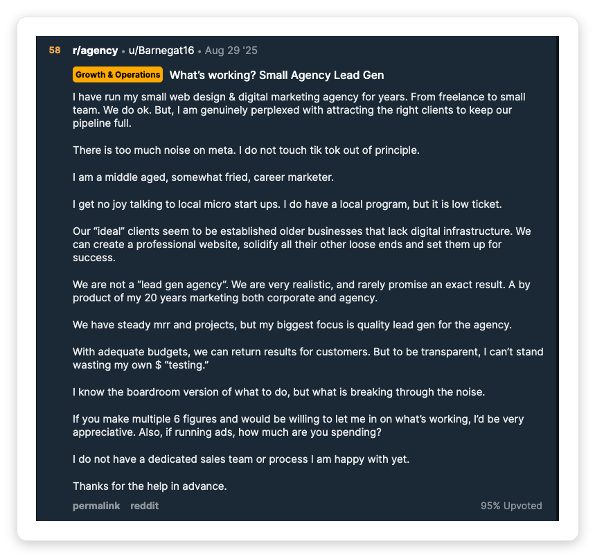 Reddit r/agency post from a small agency owner asking what lead generation channels are working and how much other agencies spend on ads