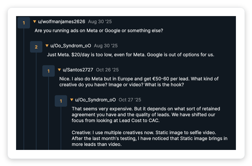 Reddit r/agency comment thread where agency owners report 50 to 60 euro cost per lead on Meta, say Google Ads is unaffordable, and describe shifting from lead cost to CAC as their budgeting metric