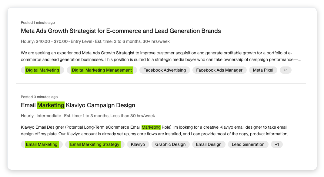 Upwork job search results showing marketing agency jobs posted minutes ago with hourly rates of $40 to $70 and stated budgets