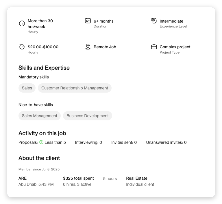 Upwork job post detail showing proposal count, client hire history, and total spend, the qualification signals available before a bidder spends Connects