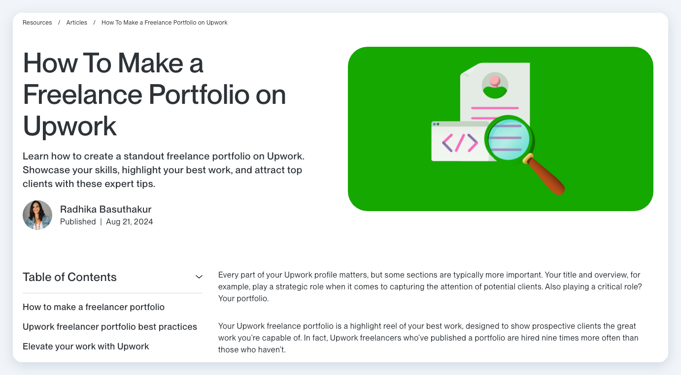 Screenshot of Upwork's official resource page How To Make a Freelance Portfolio on Upwork, stating that Upwork freelancers who have published a portfolio are hired nine times more often than those who have not