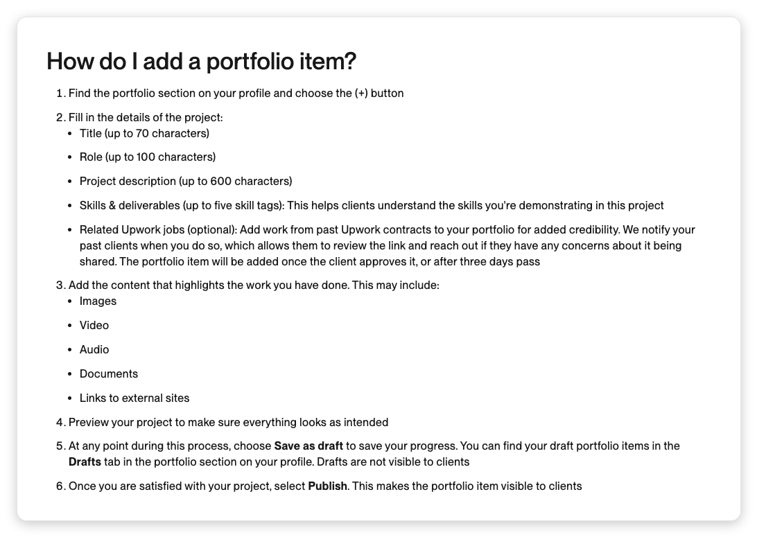 Upwork Help Center article showing the official steps to add a portfolio item, including the 70-character title limit, 100-character role limit, 600-character description limit and five skill tags