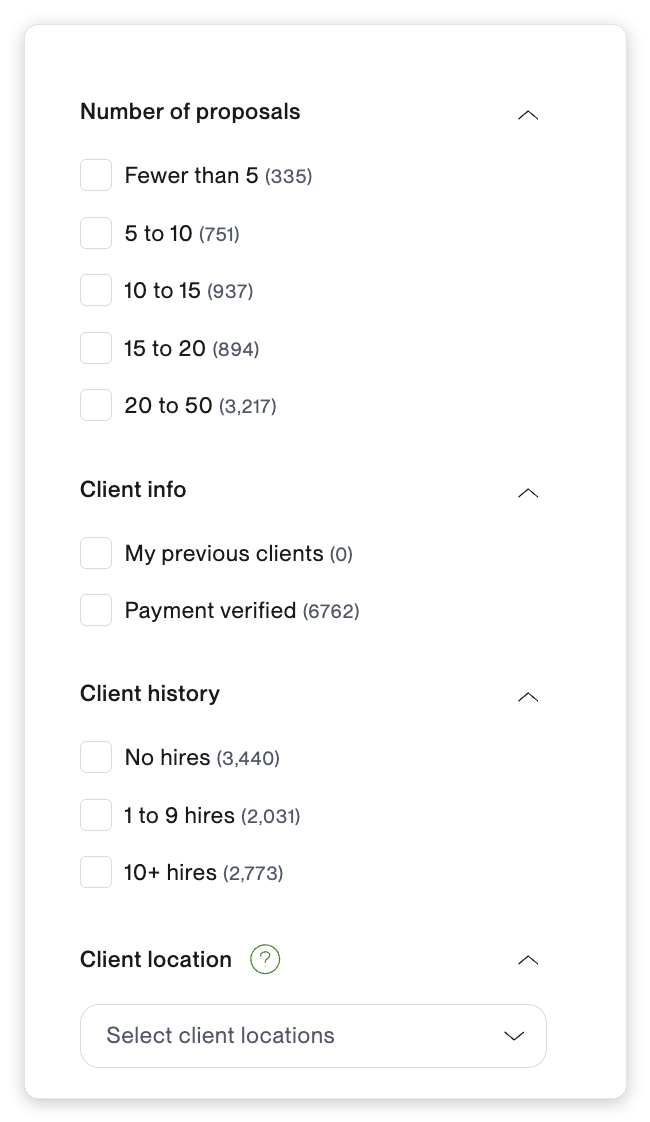 Upwork job search filters for client attributes including payment verified, client hire history and number of proposals, used to operationalize an ideal customer profile template