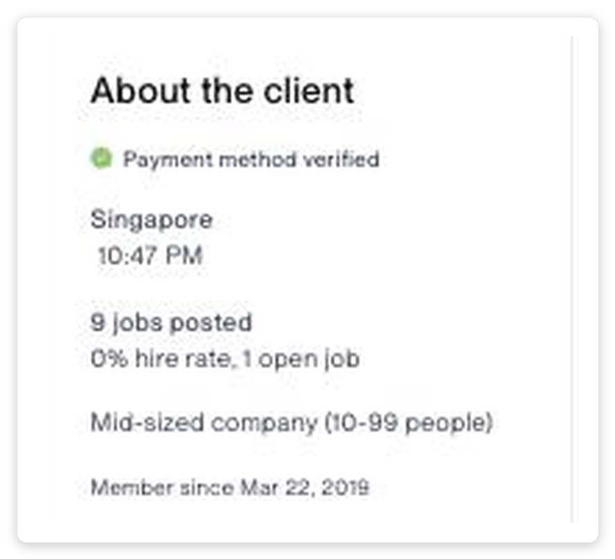 Upwork's About the client panel showing payment verification, country, jobs posted, hire rate and company size, the ideal customer profile attributes visible before you send a proposal