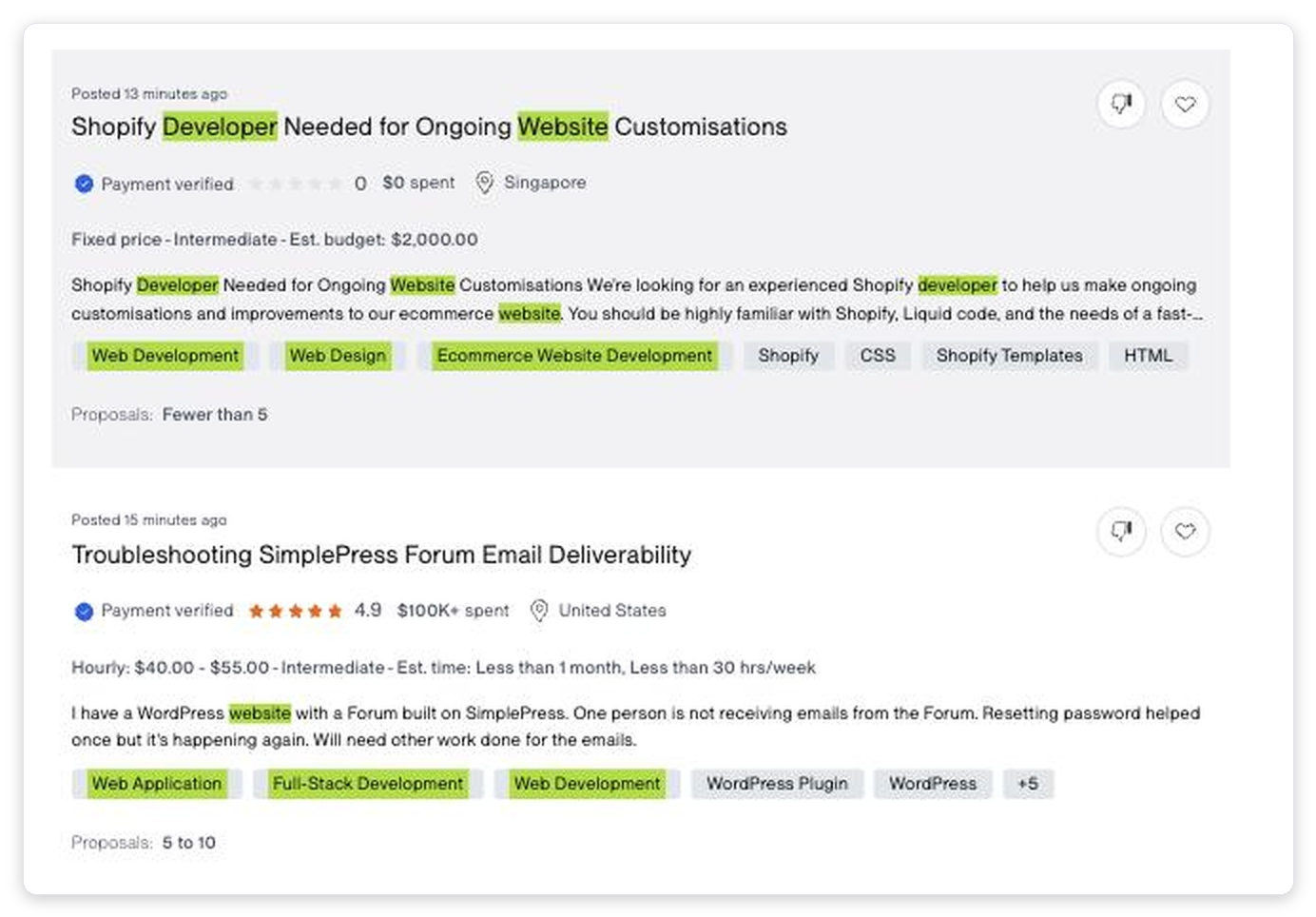 Two Upwork job posts side by side showing client total spend, feedback score, payment verification and country, the ideal customer profile data available before bidding