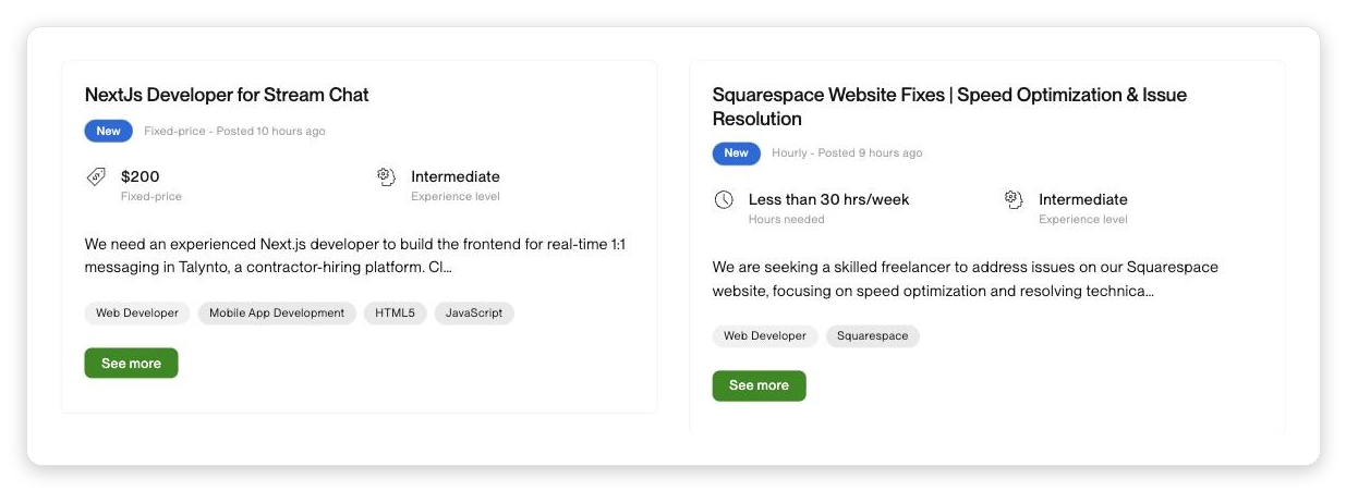 Upwork job search results showing two web development job posts with fixed-price budget, hourly rate, and experience level before any discovery call