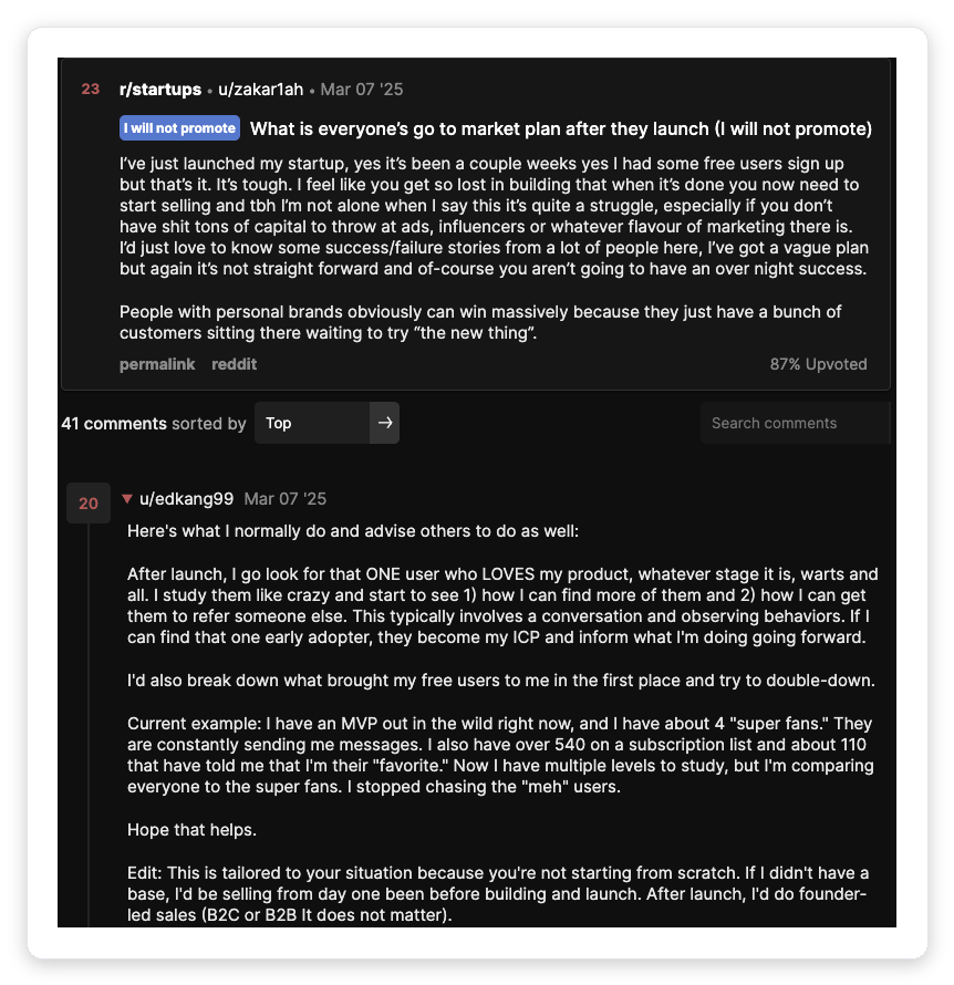 Reddit r/startups thread where a founder says he launched his startup, has free signups but no sales, and only a vague go-to-market plan