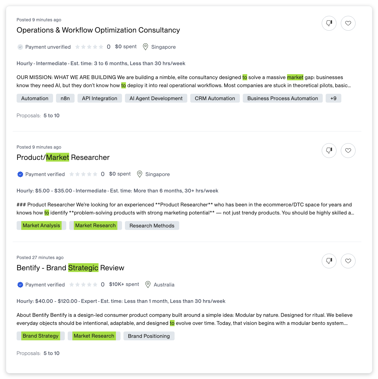 Upwork job search results for go-to-market strategy showing three recently posted jobs with hourly budgets from $5 to $120 and market research skill tags