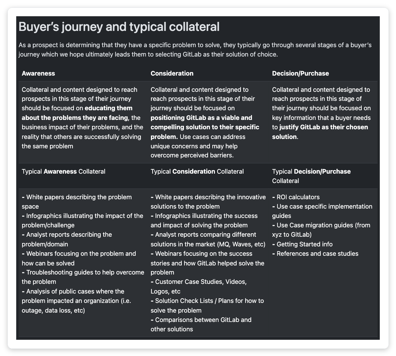 GitLab public handbook table mapping buyer journey stages Awareness, Consideration and Decision to the typical marketing collateral produced for each