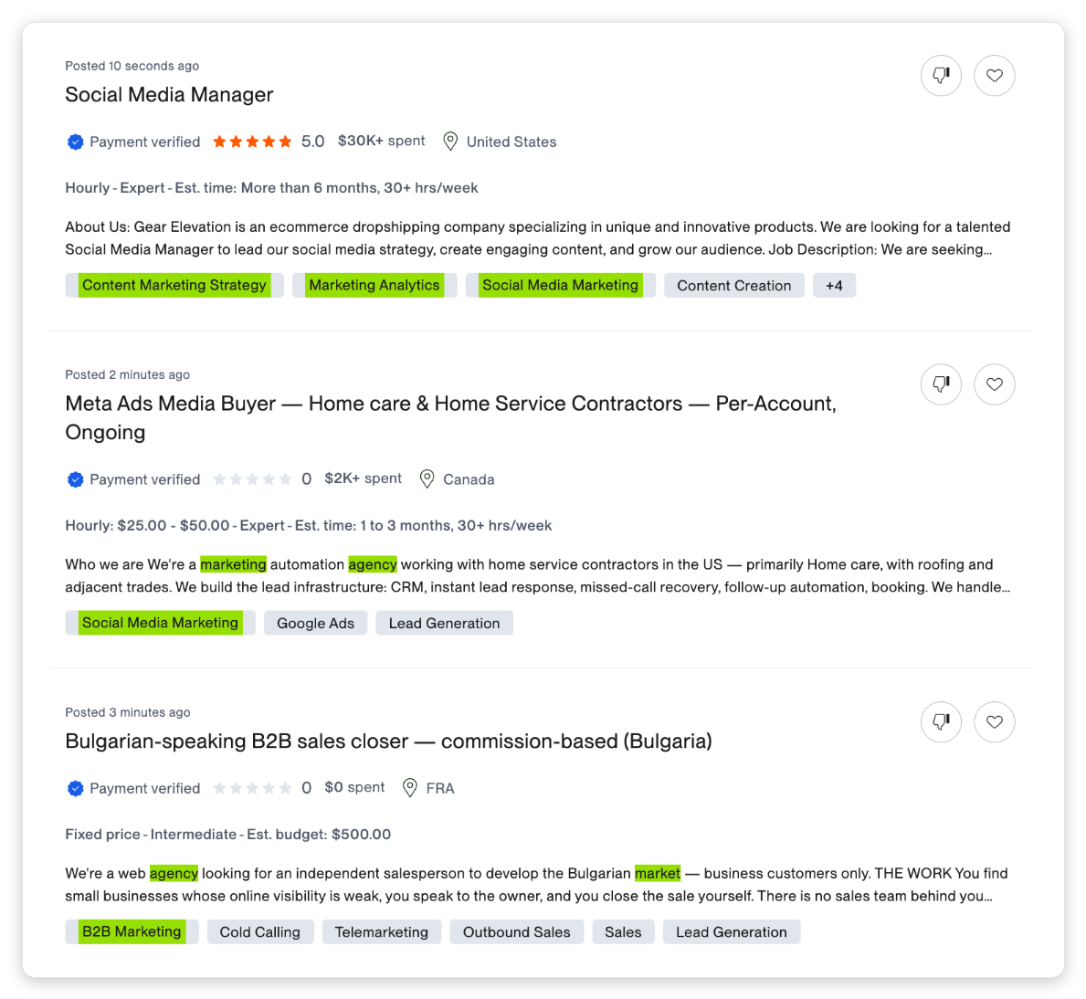 Upwork job search results for marketing agency showing three recent posts with hourly ranges of $25 to $50, a $500 fixed-price budget, and client spend histories of $30K+ and $2K+