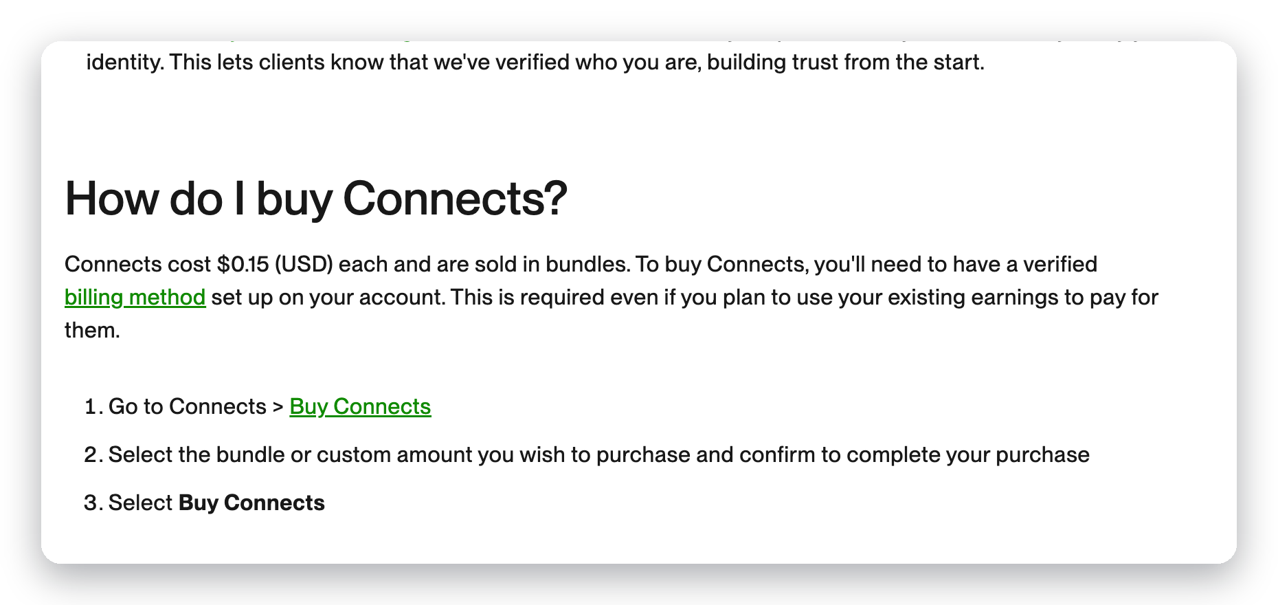 Upwork help centre page confirming Connects cost $0.15 USD each and are sold in bundles